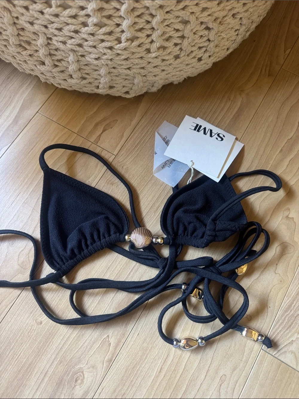 SAME Black Shell-Accent Triangle Bikini Top